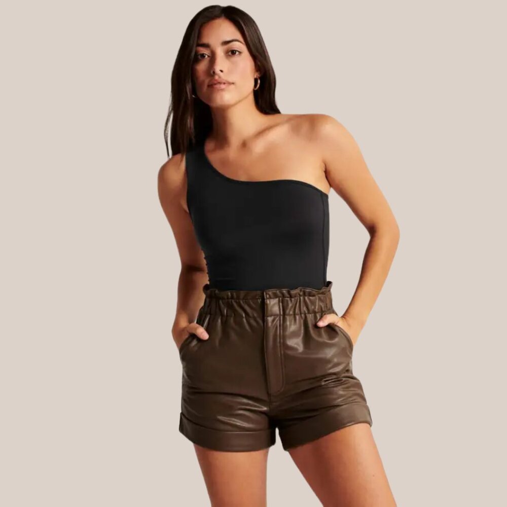 Abercrombie & Fitch Vegan Leather High Waist Paperbag Shorts Minimalist Neutral